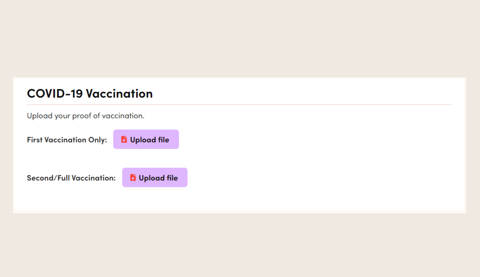 A section on the Like Family website titled "COVID-19 Vaccination". There are 2 pink "Upload file" buttons next to First and Second Vaccinations 