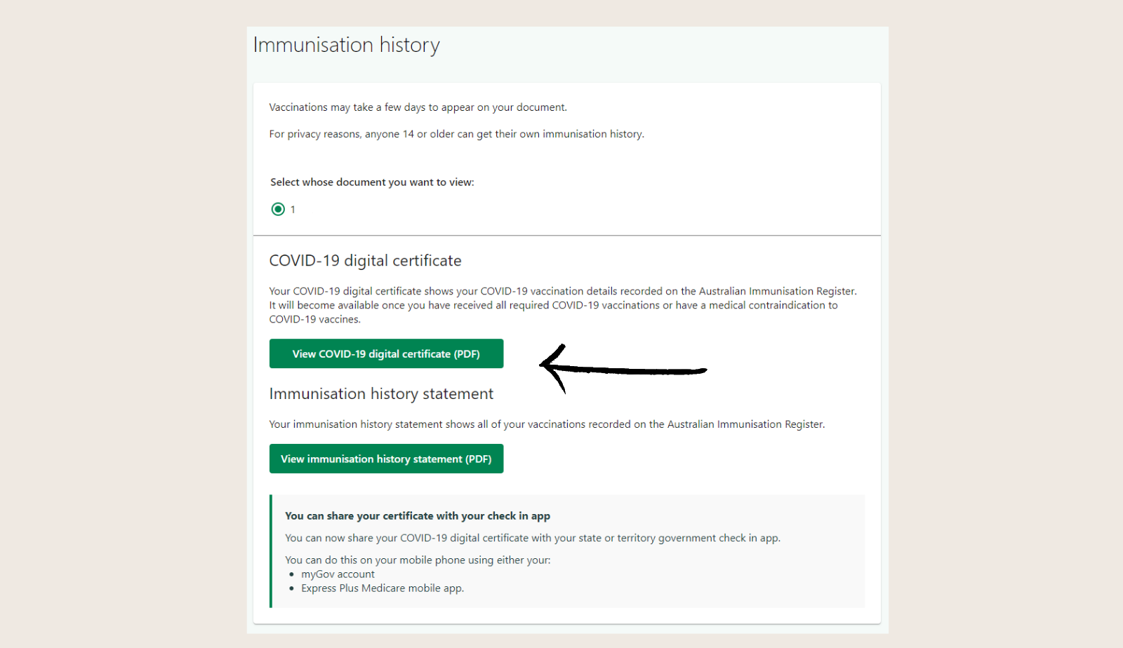 A black arrow points at a green button with the label "View COVID-19 digital certificate (PDF)"